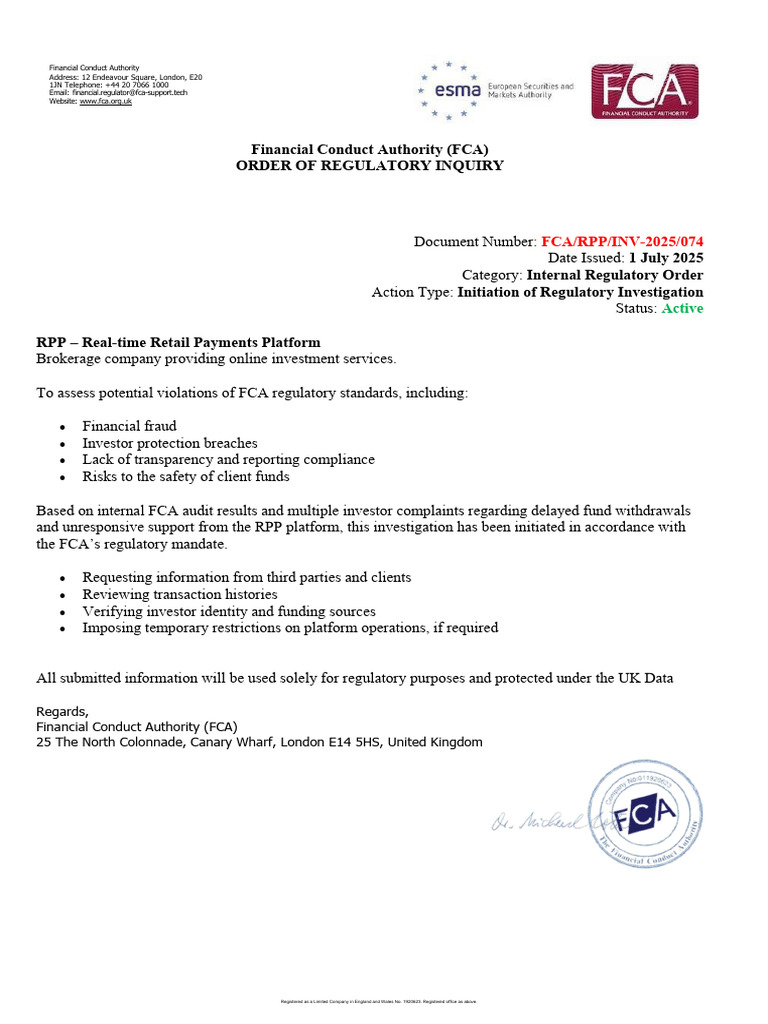 FCA Regulatory Inquiry on RPP Platform | PDF