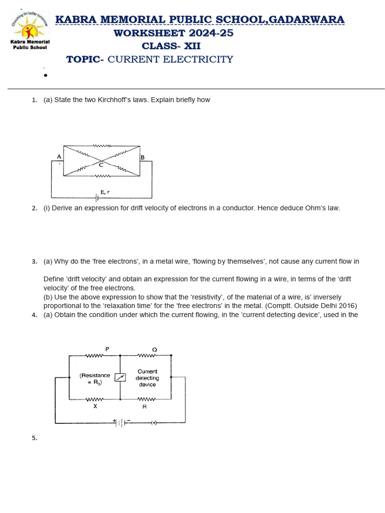 Xii Worksheet Current Electricity | PDF | Electric Current | Resistor