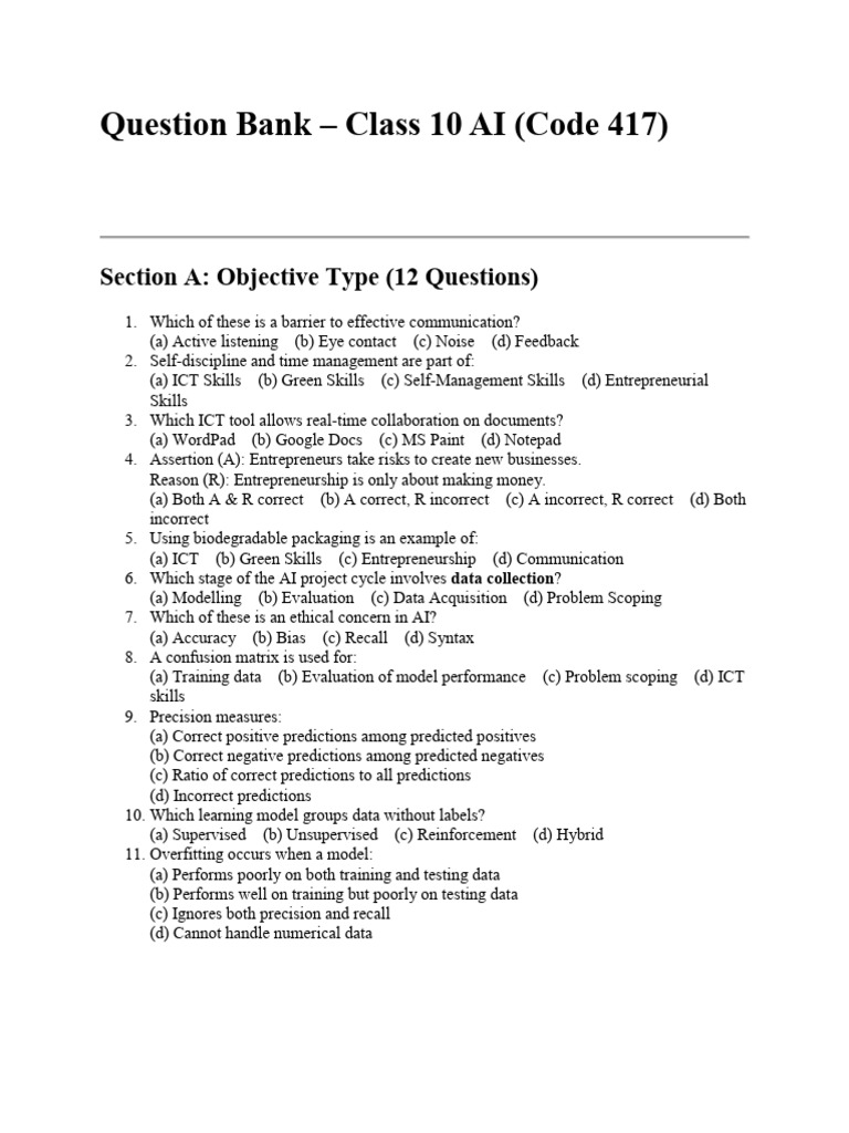 Class 10 AI Question Bank (Code 417) | PDF | Artificial Intelligence ...
