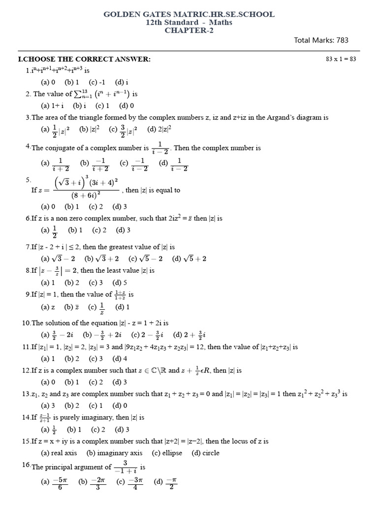 12th Grade Maths: Complex Numbers Quiz | PDF | Triangle | Euclidean ...