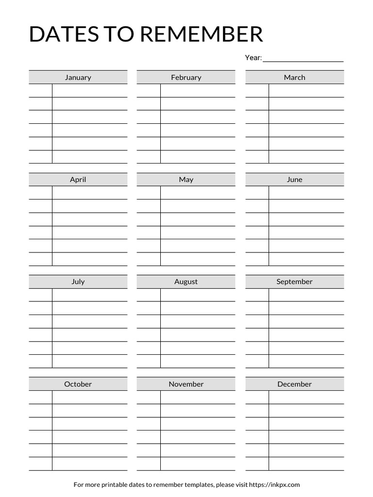 Printable Dates to Remember Template | PDF