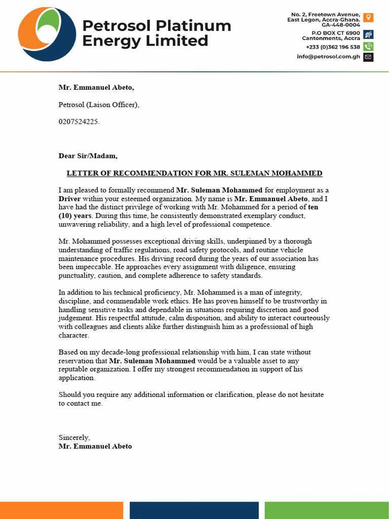 Recommendation Letter for Driver Suleman Mohammed | PDF