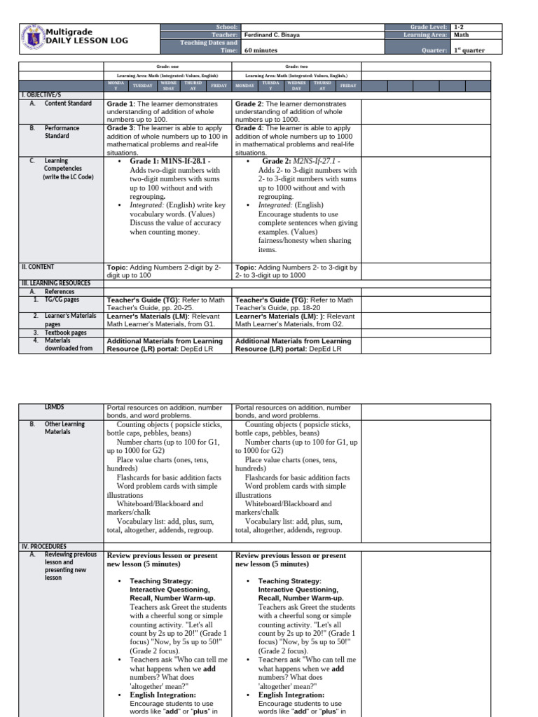 Multigrade Math Lesson Plan: Addition | PDF | Differentiated ...