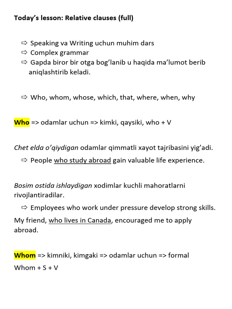 Mastering Relative Clauses in English | PDF | Learning | Human ...