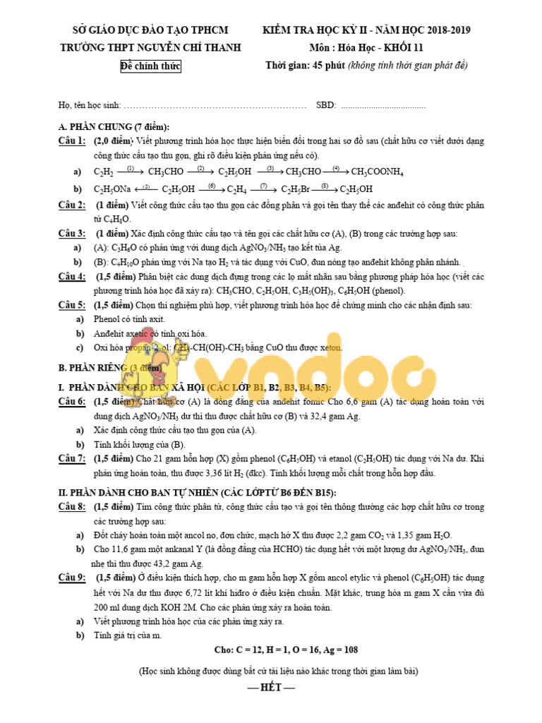 De Thi Hoc Ki 2 Lop 11 Mon Hoa Hoc TP HCM 2 | PDF