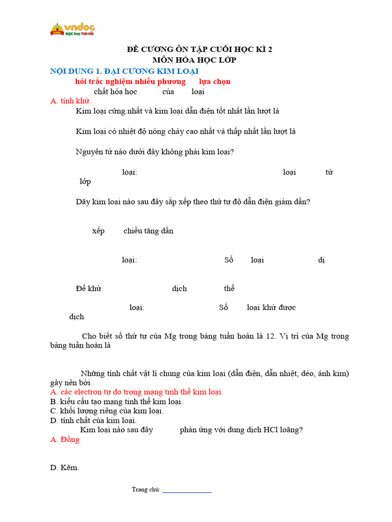 De Cuong On Tap Hoc Ki 2 Mon Hoa Lop 12 | PDF
