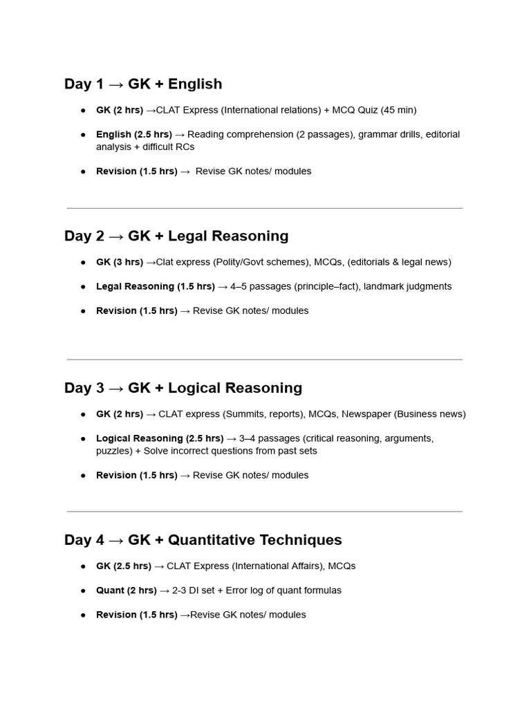 7-Day CLAT Preparation Schedule | PDF