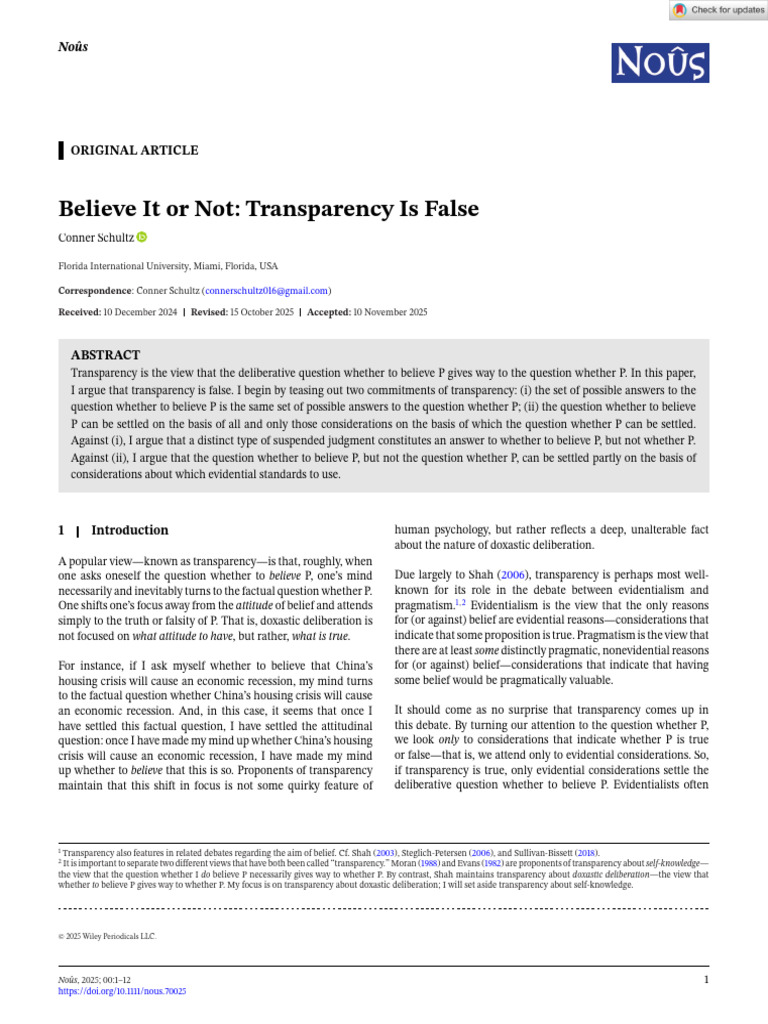 Debunking Transparency in Belief Formation | PDF | Evidence | Epistemology