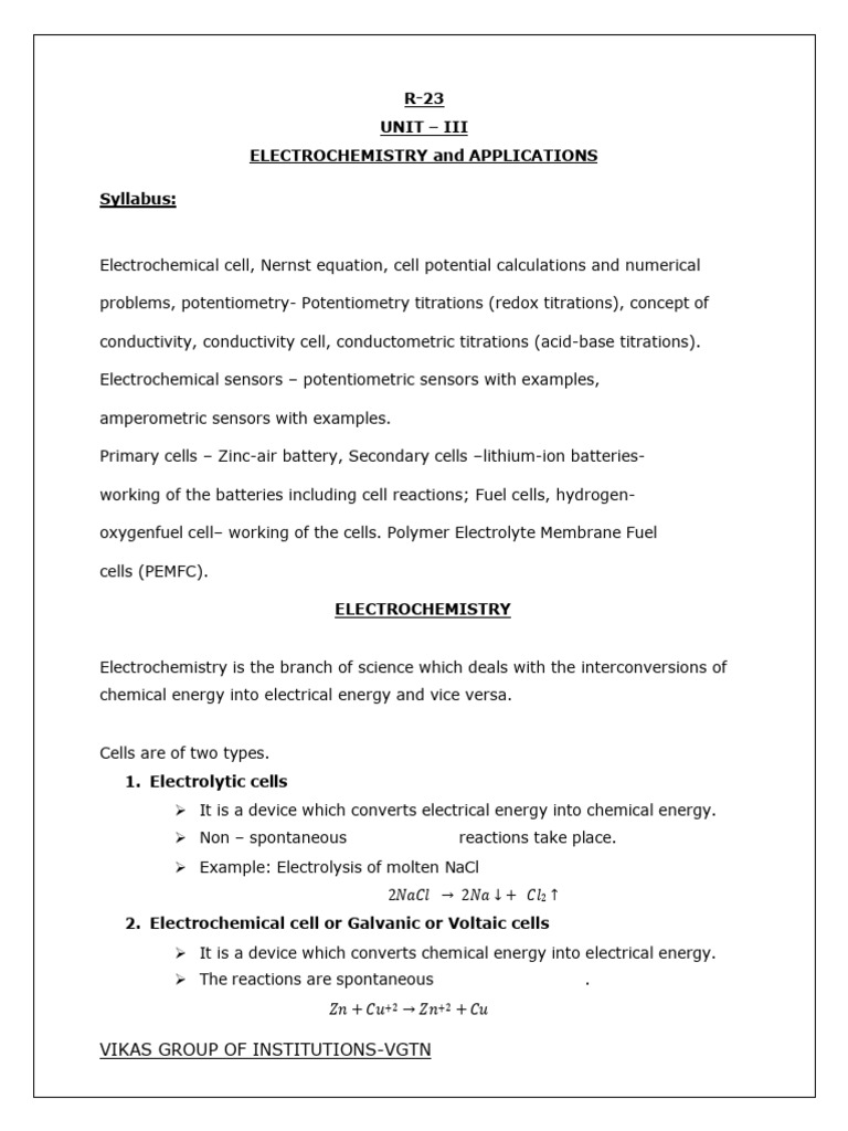Electrochemistry Syllabus Overview | PDF | Electrochemistry | Electrode