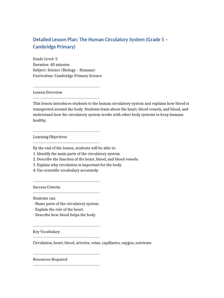 Grade 5 Lesson Plan: Human Circulatory System | PDF | Circulatory ...