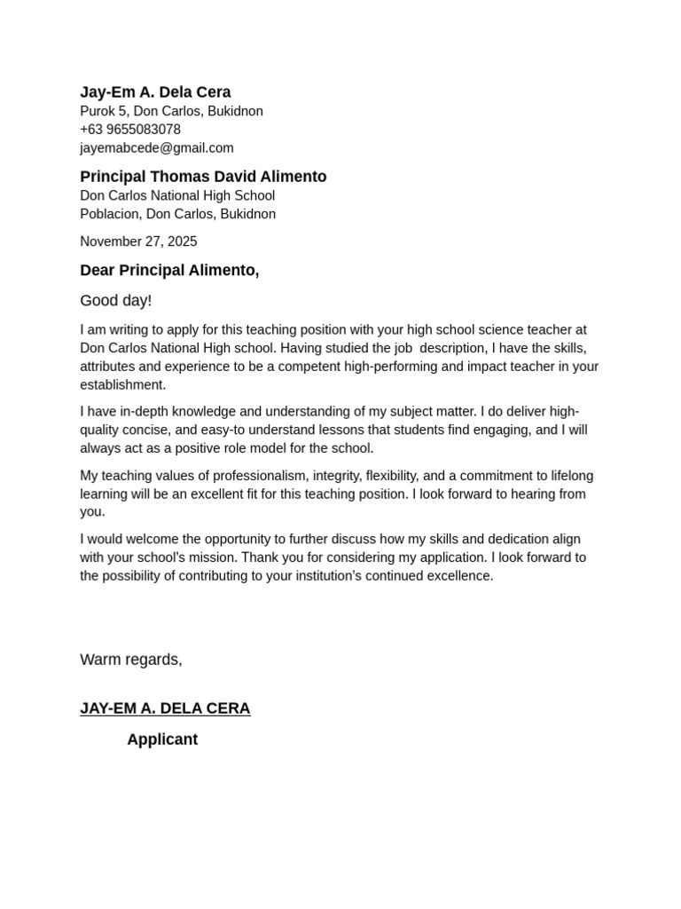 Application for High School Science Teacher | PDF