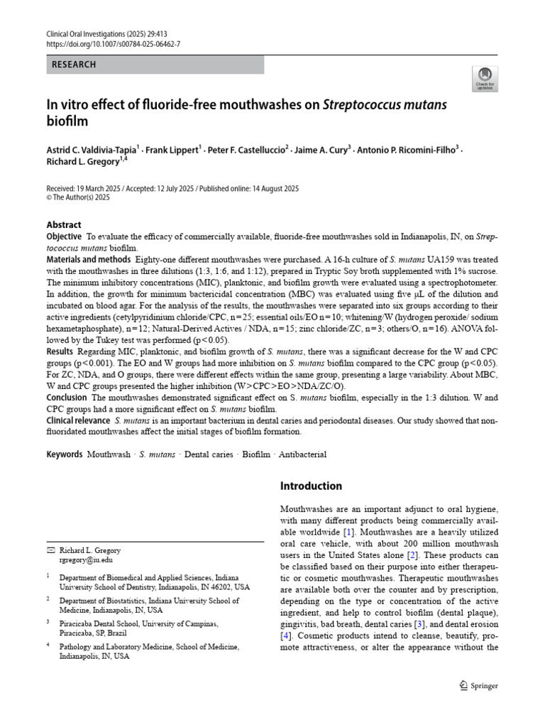 In Vitro Effect of Fluoride-Free Mouthwashes On Streptococcus Mutans ...