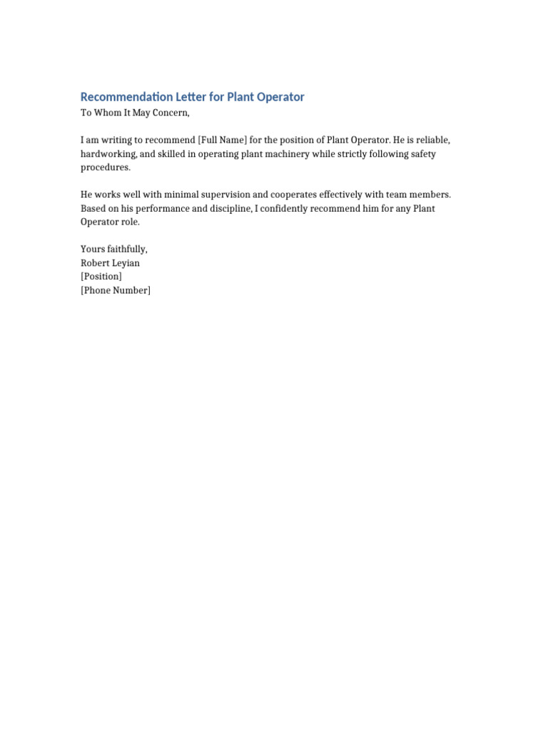 Recommendation for Plant Operator Role | PDF