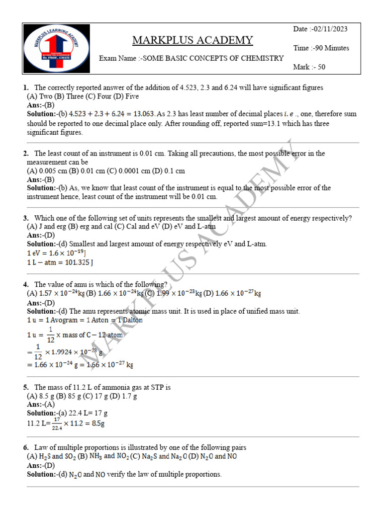 Chemistry Exam: Key Concepts & Solutions | PDF | Mole (Unit) | Molecules