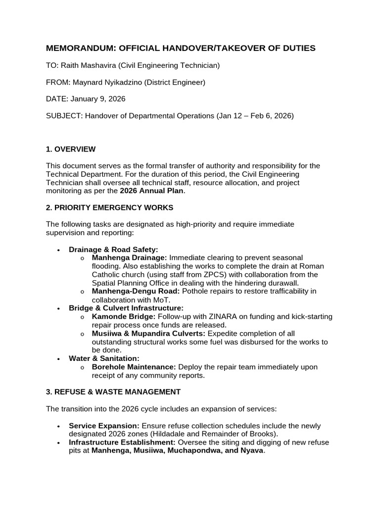 Handover of Technical Department Duties | PDF