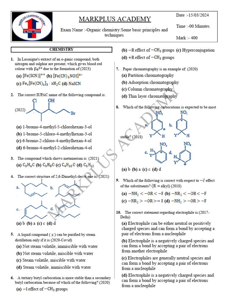 Organic Chemistry Exam Principles & Techniques | PDF | Isomer | Molecules