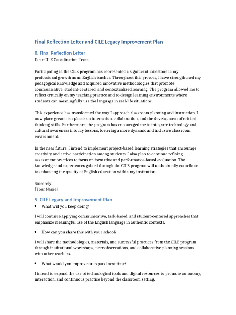Final Reflection and CILE Improvement Plan | PDF