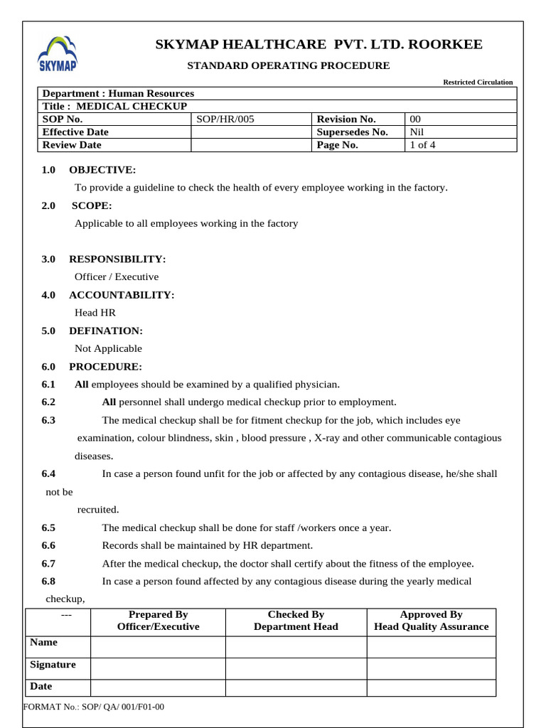 Employee Medical Checkup SOP | PDF | Physical Examination | Human Resources