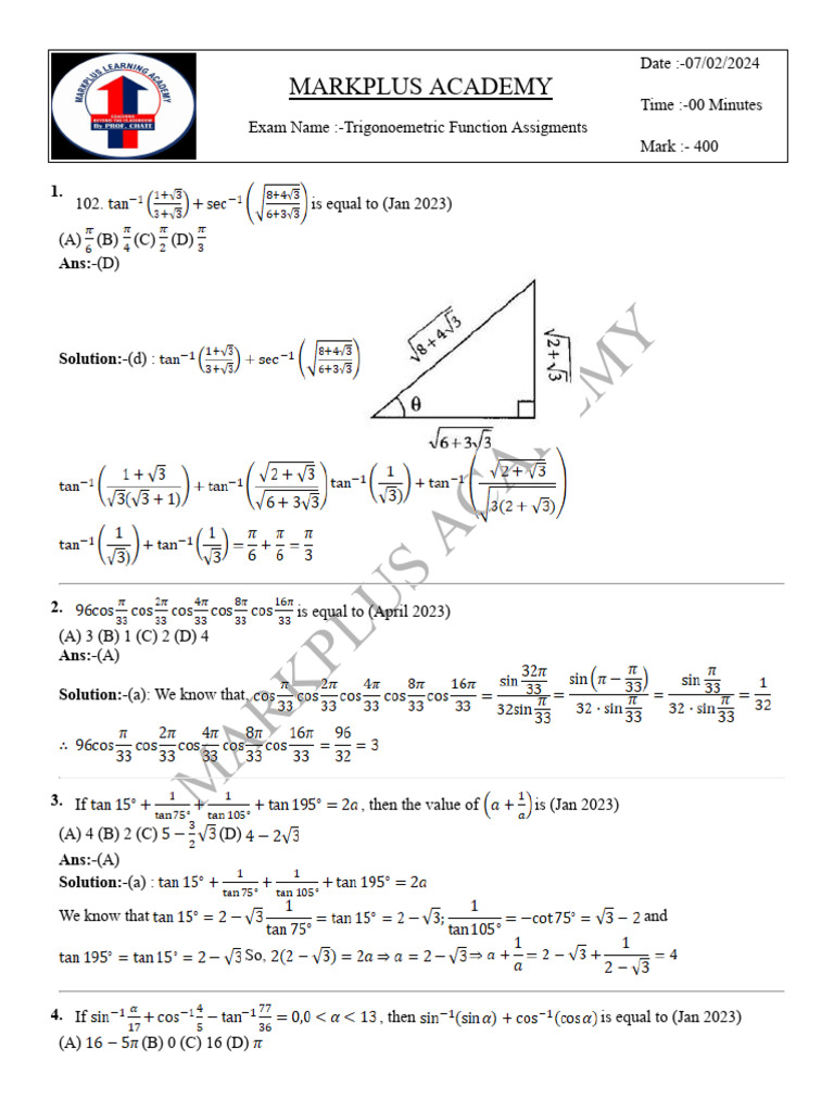 Trigonometric Function Assigments Ans KEY JEE 11th | PDF | Function ...