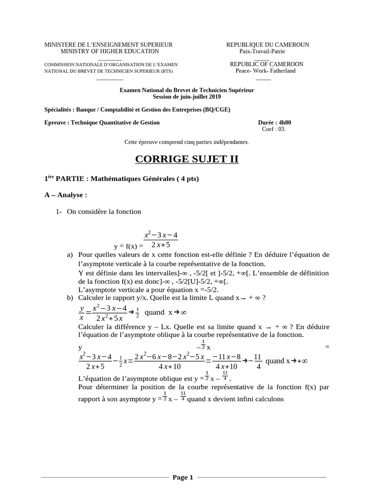 Corrigé Examen BTS 2019 : Mathématiques et Statistiques | PDF ...