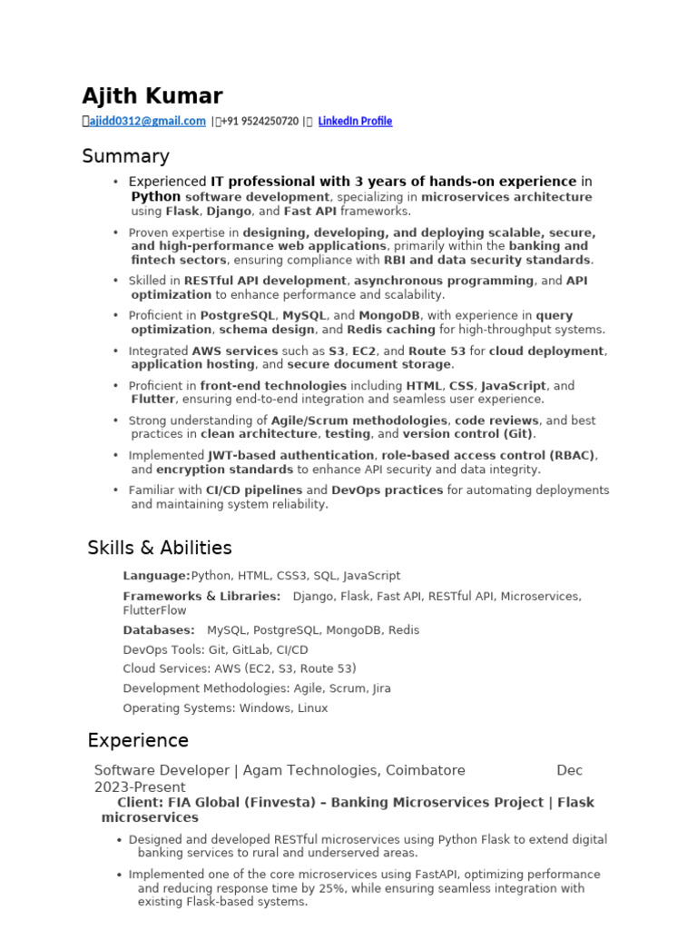 Python Developer with Microservices Expertise | PDF | Postgre Sql ...