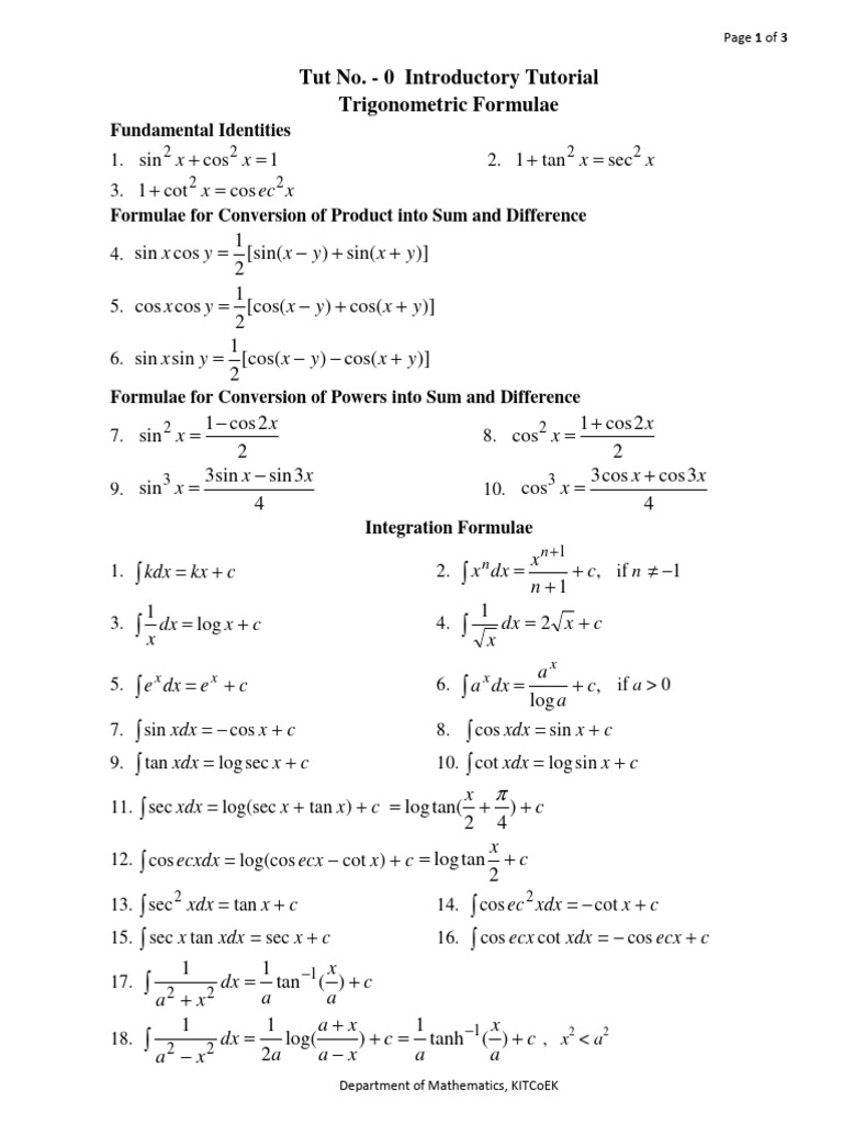 Trigonometric and Integration Formulae | PDF | Trigonometric Functions ...