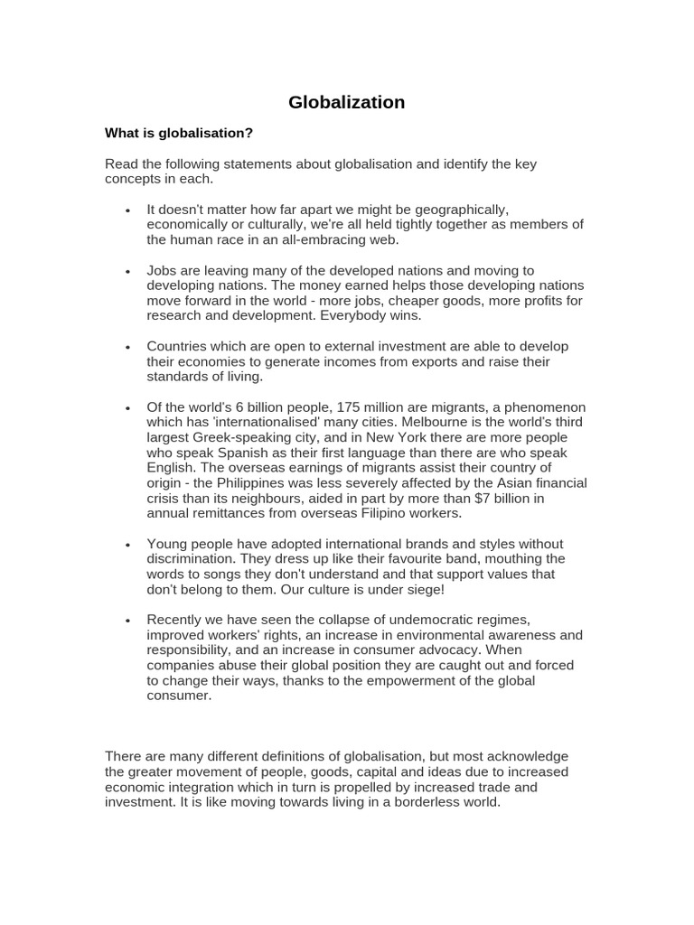 Defining Globalisation Handout | PDF | Globalization | Poverty