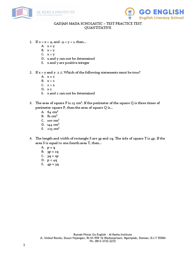 Gadjah Mada Scholastic Test Practice | PDF | Area | Length