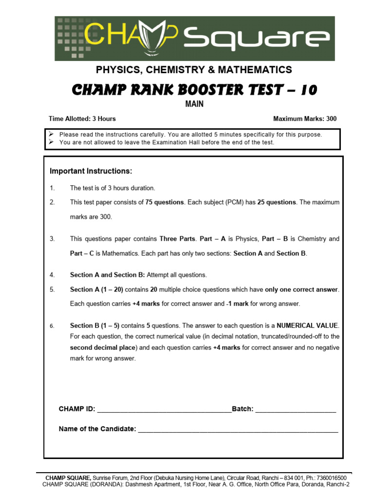 Champ Rank Booster Test - PCM JEE | PDF | Numbers | Physical Sciences