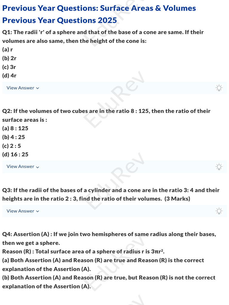 Surface Areas & Volumes: Past Year Qs | PDF | Sphere | Euclidean Geometry