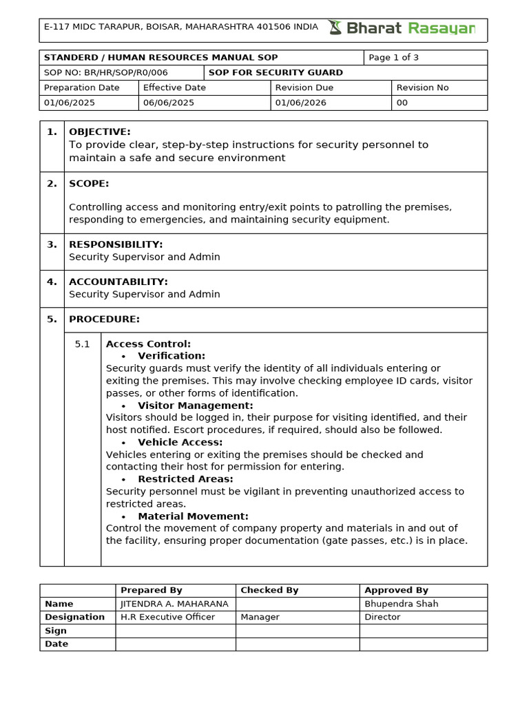 Security Guard SOP for E-117 Facility | PDF | Security Guard | Emergency
