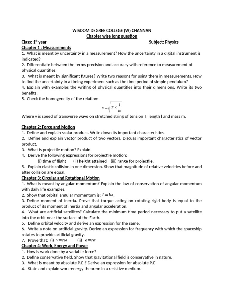 Physics Long Questions for 1st Year | PDF | Angular Momentum | Waves