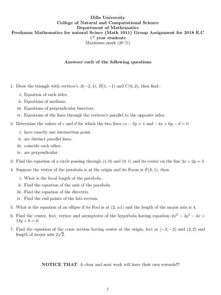Freshman Math Group Assignment 2018 E.C | PDF