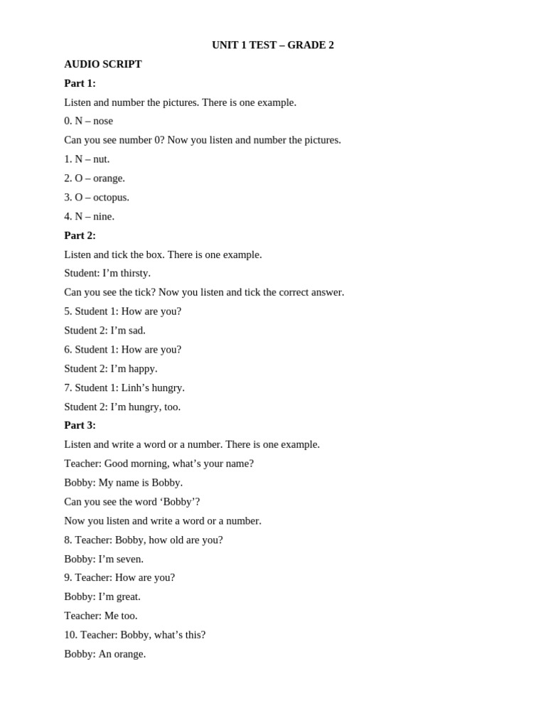 Grade 2 Unit 1 Test Audio Script | PDF