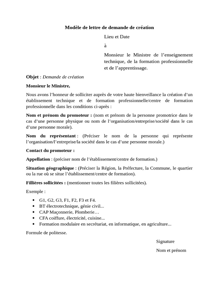 Modèle de lettre pour création d'établissement de formation | PDF