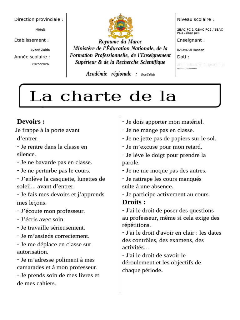 Charte De Classe Pour l ves De 2BAC PC PDF
