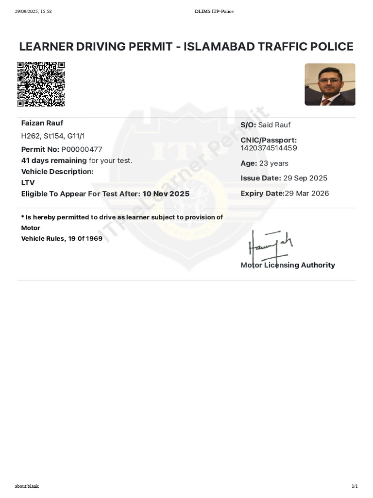 Faizan Learner Permit ITP-Police | PDF