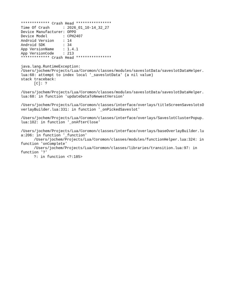 OPPO Crash Report for Coromon App | PDF