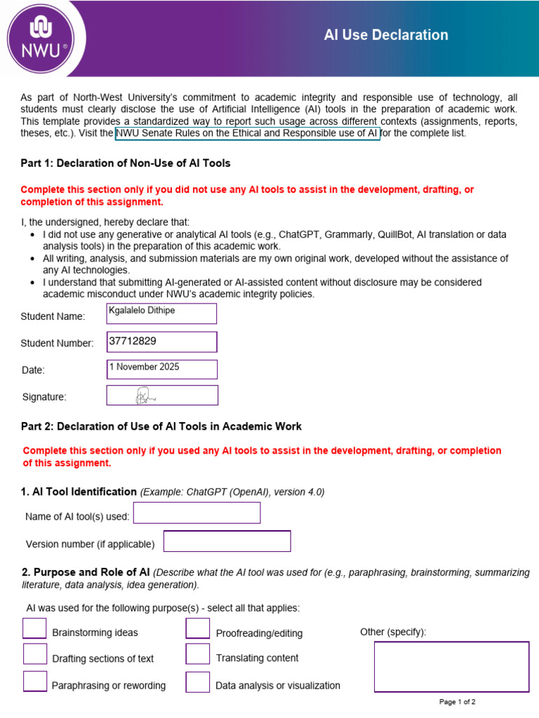 AI Usage Declaration Template for Students | PDF | Artificial ...