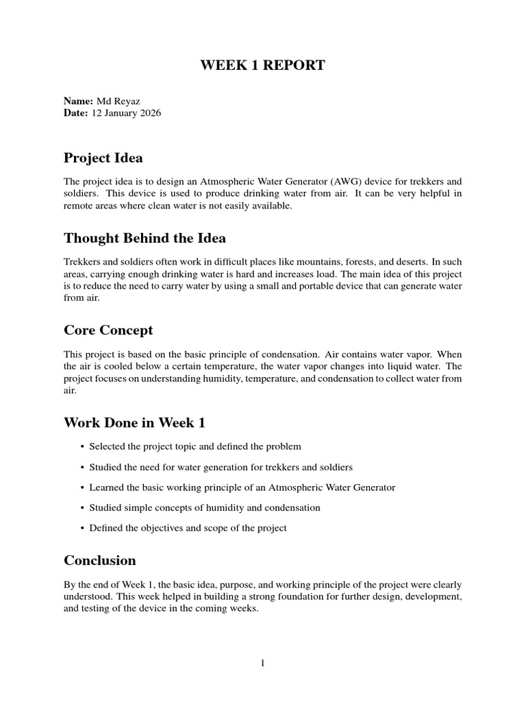 Week 1 Report: Atmospheric Water Generator | PDF