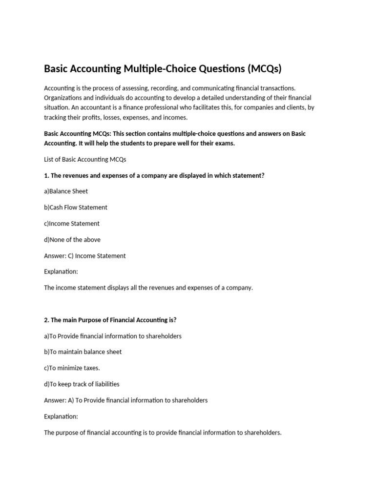 Basic Accounting MCQs for Exam Prep | PDF | Debits And Credits ...