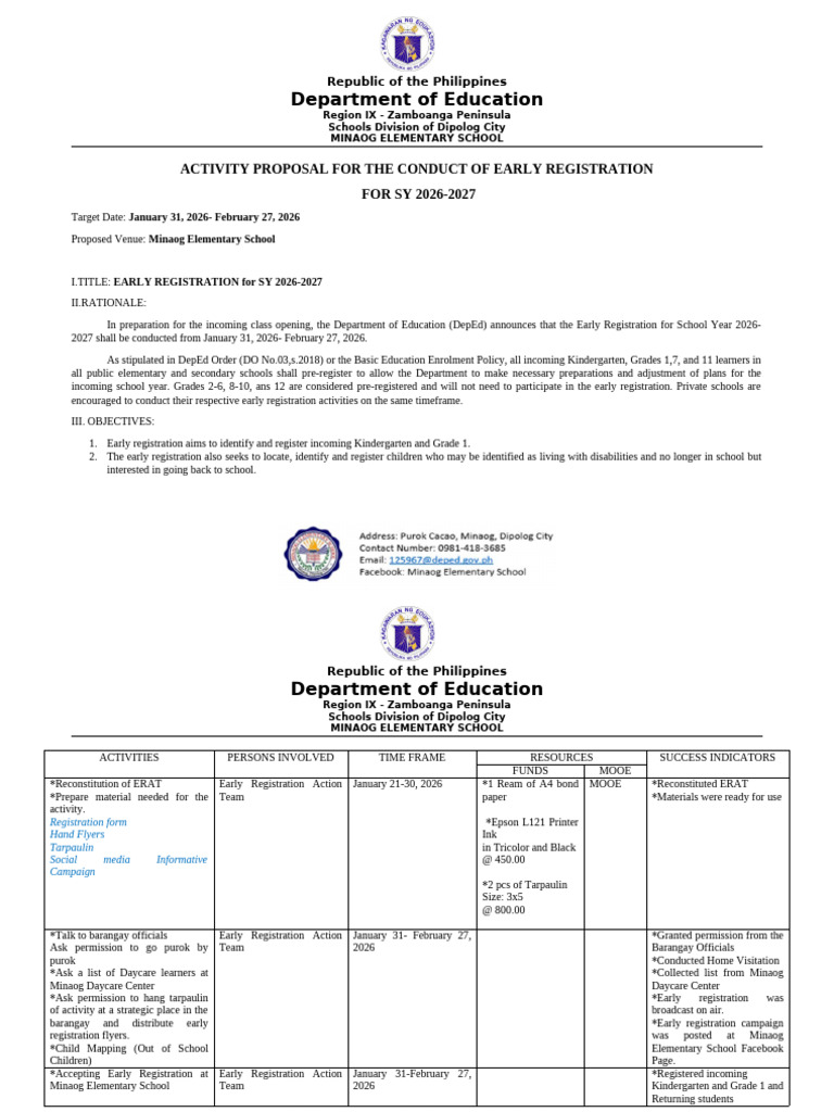 Early Registration Proposal SY 2026-2027 | PDF | Social Institutions
