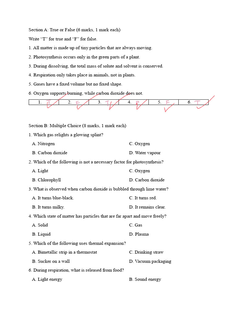 Science Quiz: Matter, Photosynthesis & Respiration | PDF | Gases ...