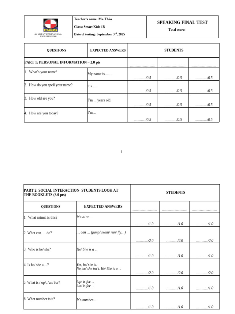 Smart Kids 1B - 030925 - Speaking Test - FF2 - Unit 9&10 | PDF | Chess ...