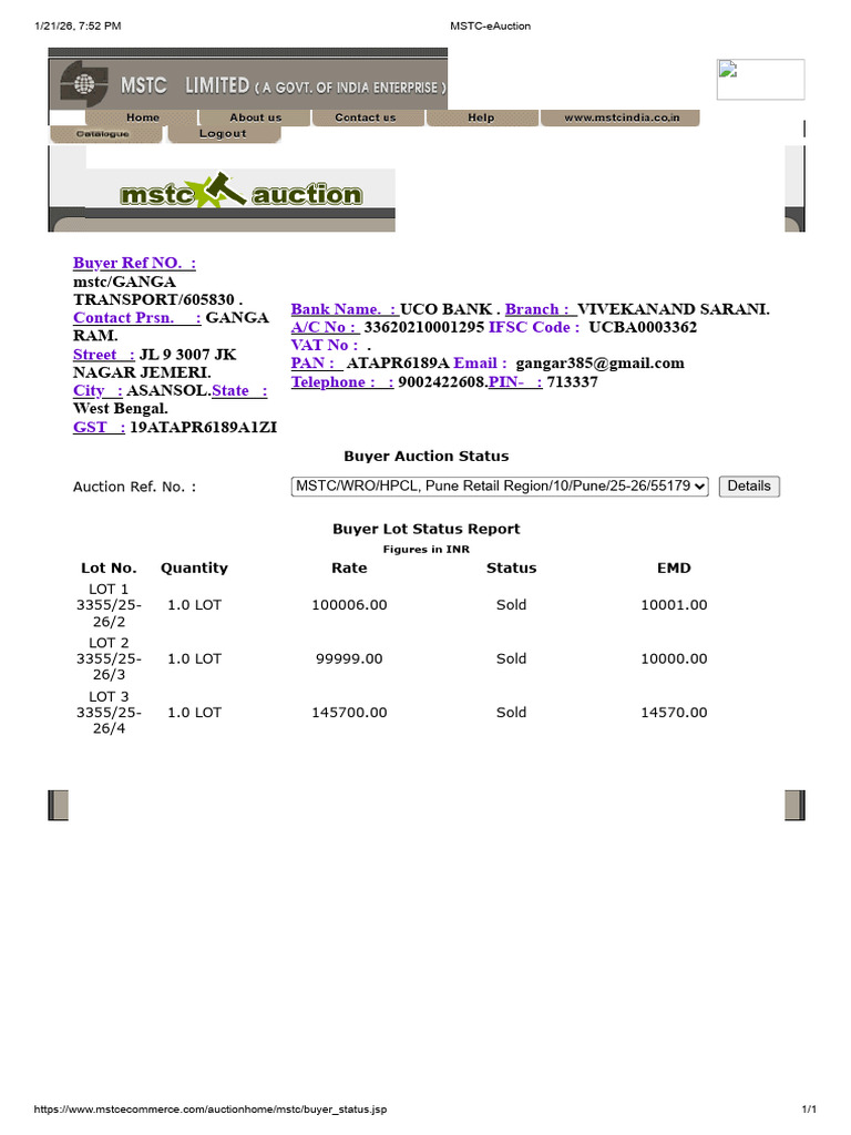 MSTC Buyer Auction Status Report | PDF