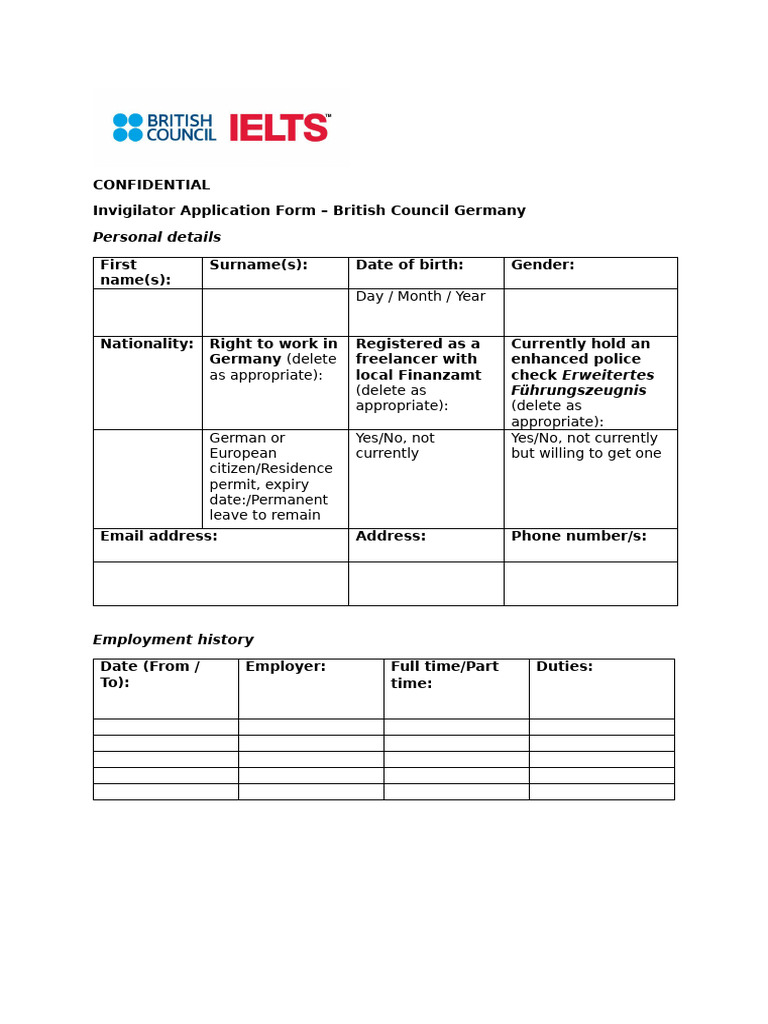 British Council Germany Invigilator Onboarding Form 1 | PDF