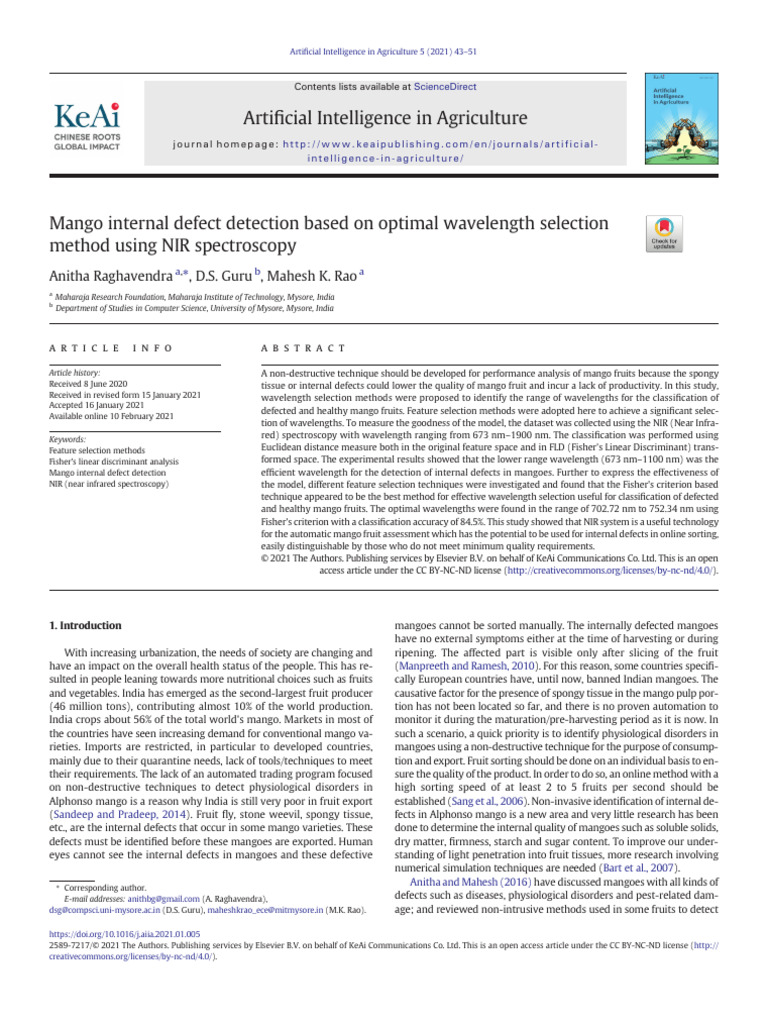Mango Defect Detection via NIR Spectroscopy | PDF | Infrared | Spectroscopy