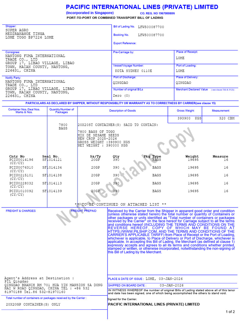 LFW500087700 Copy BL | PDF | Bill Of Lading | Indemnity