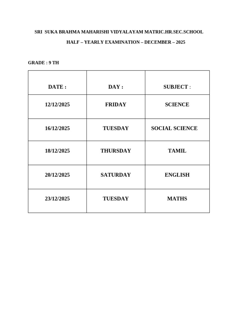 Grade 9 Half-Yearly Exam Schedule 2025 | PDF