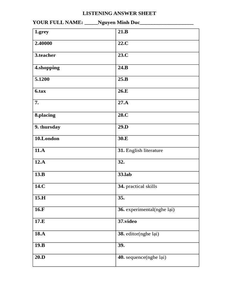 Listening Answer Sheet Template | PDF
